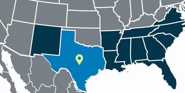 map showing Houston Texas and some surrounding states